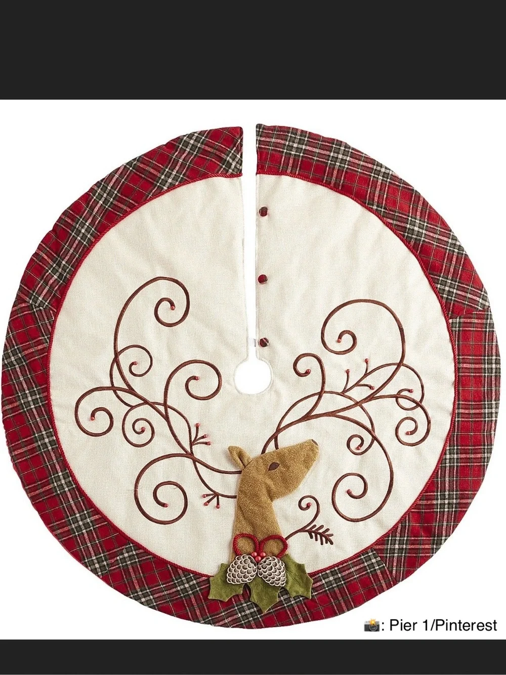 Pier 1 Woodland Reindeer Cream and Red Plaid Rustic Christmas Tree Skirt